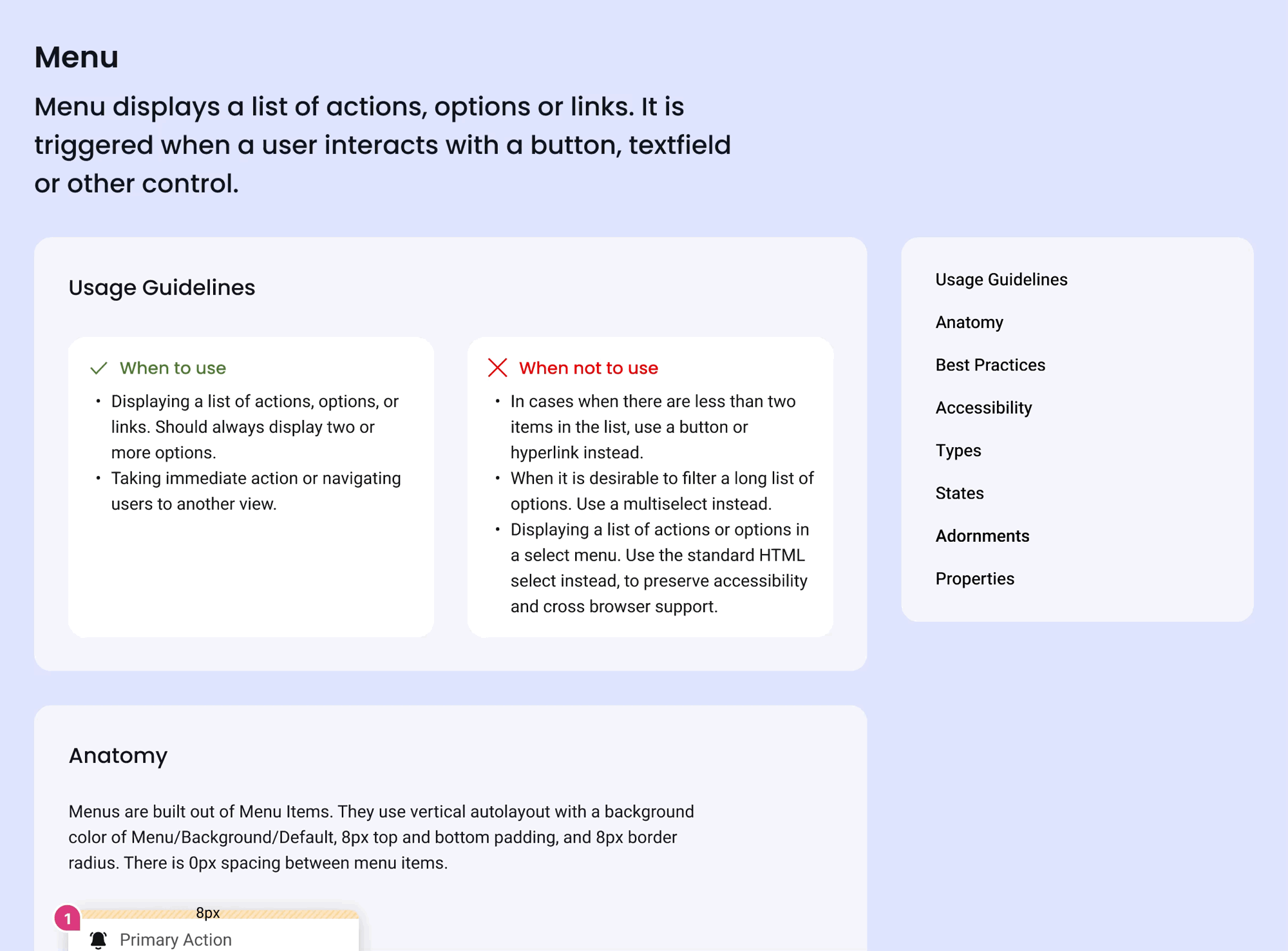 Documentation for the menu component in Figma