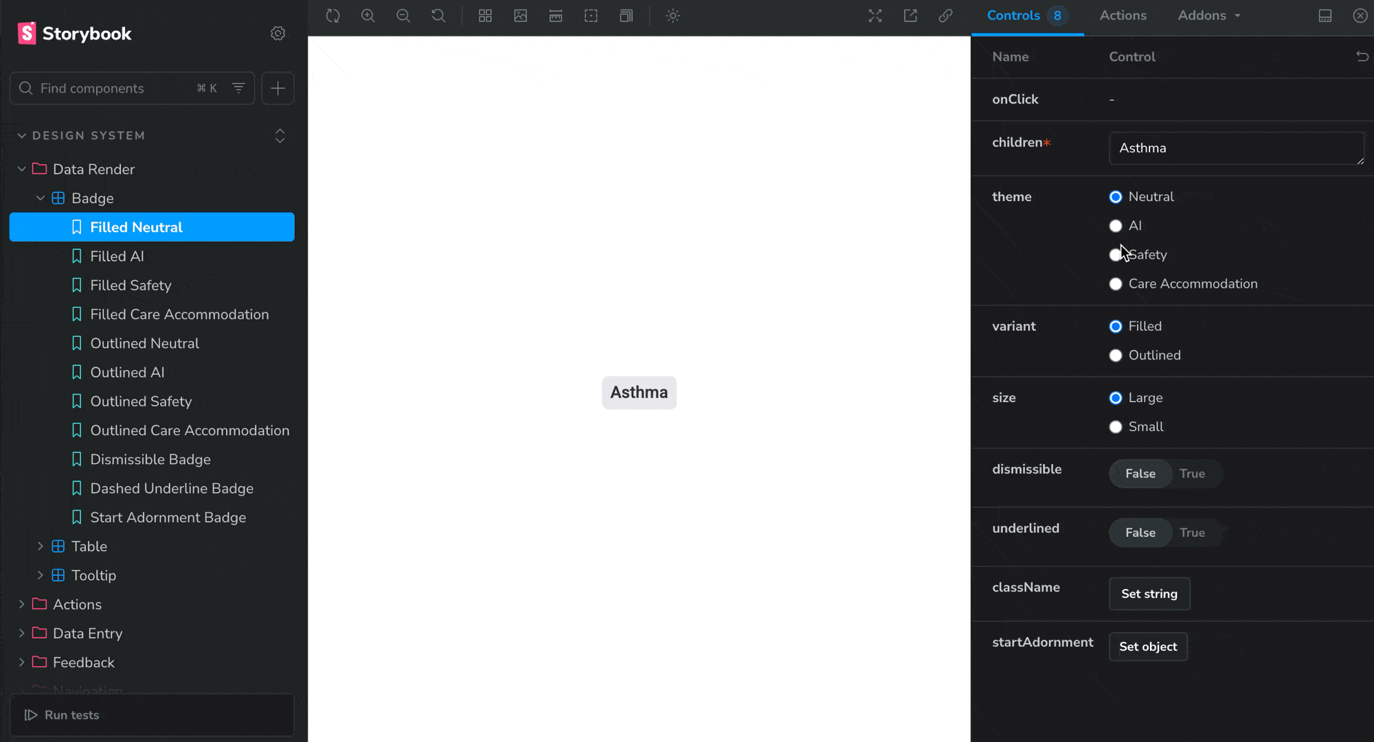 Badge documentation in Storybook